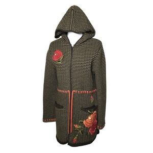 Cabi Green Wool Blend Cardigan Jacket Floral Embroidery Hooded Medium‎ Boho Fall